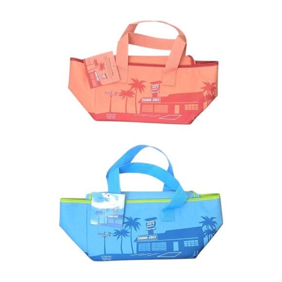 Trader Joe's 2 Pack Mini Insulated Bags Peach & Blue Foldable Lunch Travel NWT - Picture 3 of 3